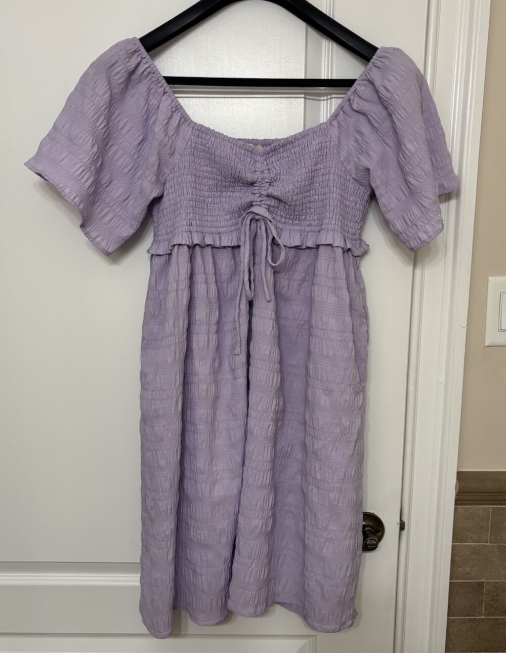Dress Up Women's Lavender Smocked Puff Sleeve Knee Length Sundress Size L